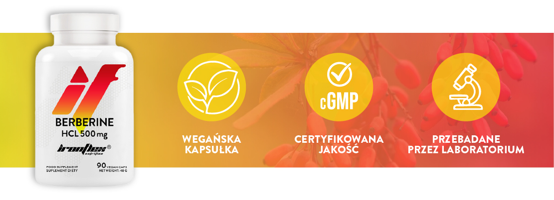 Infografika: opakowanie produktu Berberyna HCL IronFlex oraz jej trzy kluczowe cechy