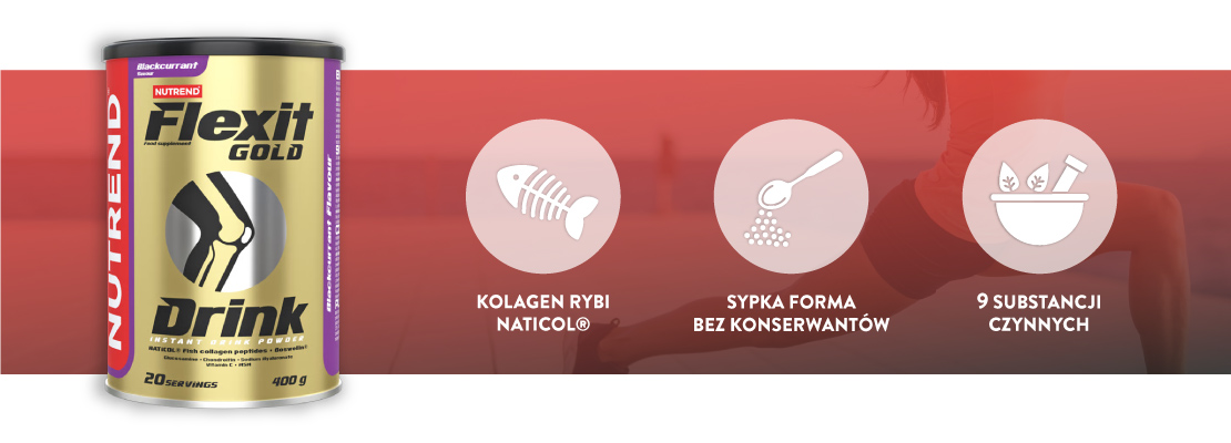 Opakowanie produktu Nutrend  Flexit Gold Drink oraz trzy jego kluczowe cechy: zawiera kolagen rybi naticol, sypka forma bez konserwantów, 9 substancji czynnych