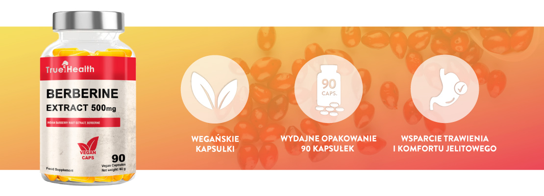 infografika produkt Berberyna Ekstrakt 500 mg True Health kluczowe cechy